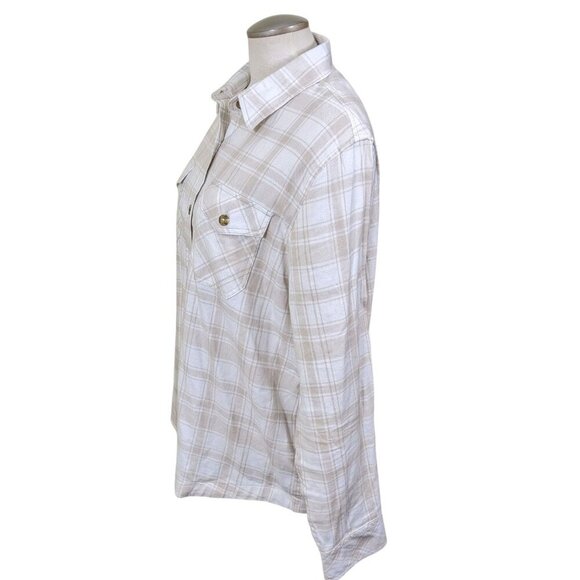 Frank and Oak Flannel Shirt Womens XL Plaid Beige Button Up Organic Cotton Soft - Picture 3 of 6